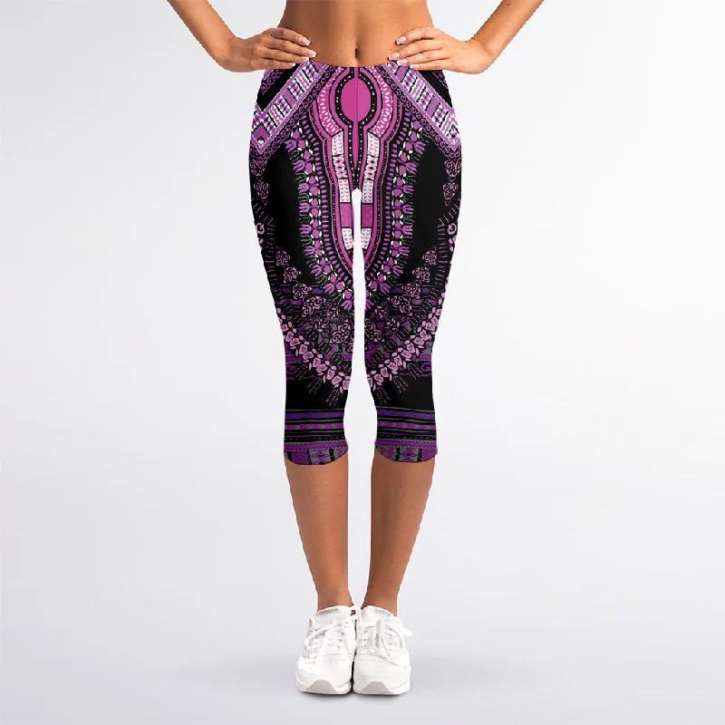 Stock Up and Save Purple And Black African Dashiki Print Women's Capri Leggings