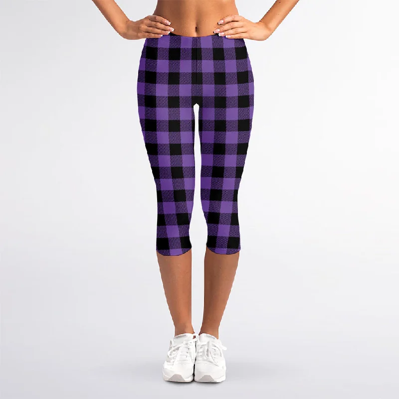 Clearance Event Purple And Black Buffalo Check Print Women's Capri Leggings