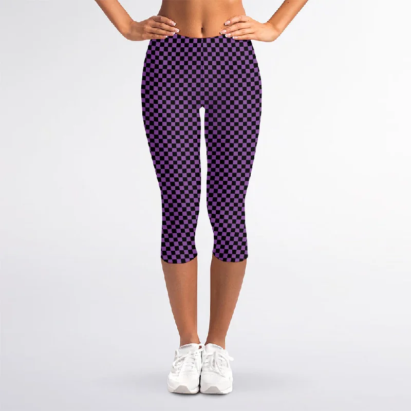 While Supplies Last Purple And Black Checkered Pattern Print Women's Capri Leggings