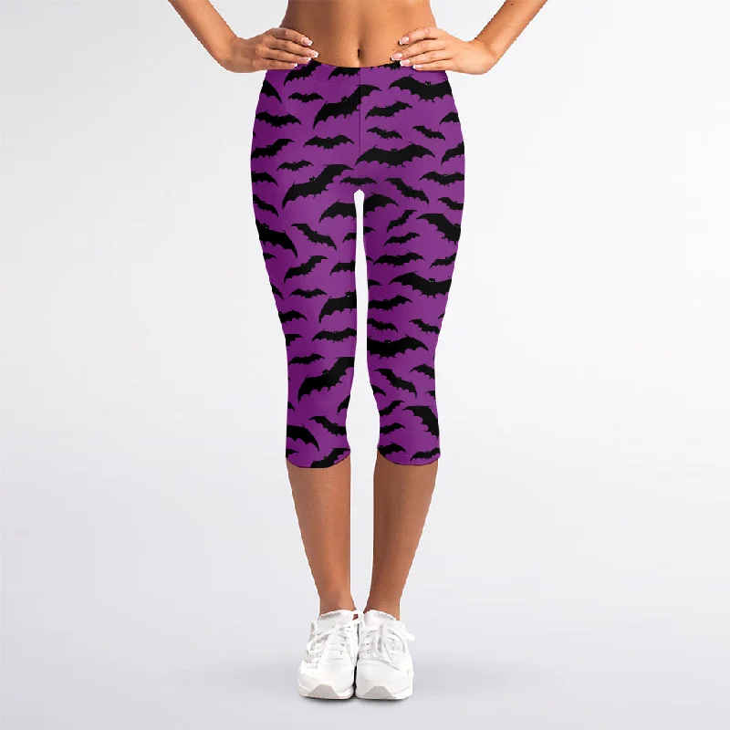 Members Only Purple And Black Halloween Bat Print Women's Capri Leggings