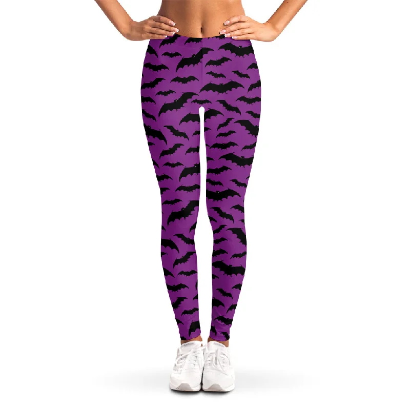 Act Fast Purple And Black Halloween Bat Print Women's Leggings