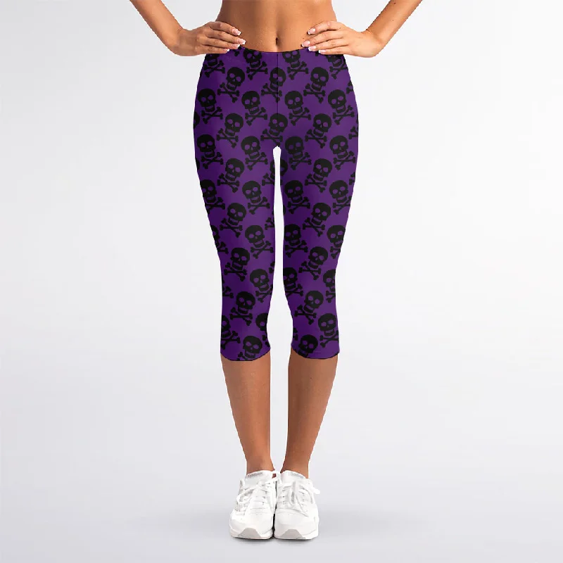 Flash Sale Purple And Black Halloween Skull Print Women's Capri Leggings