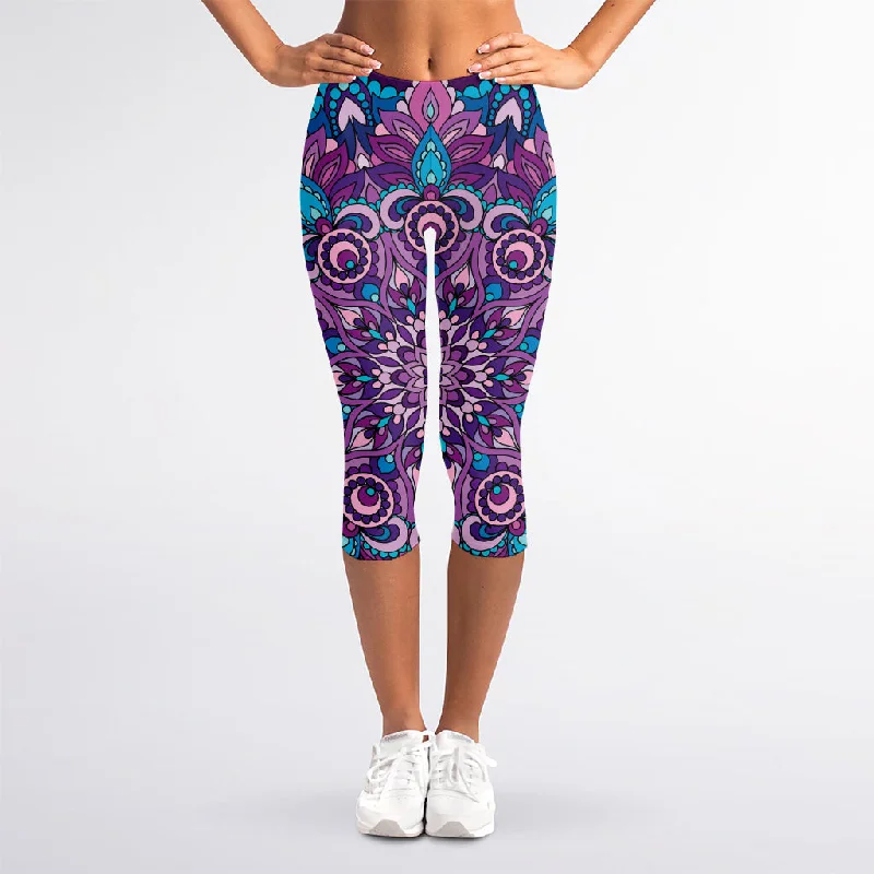 Exclusive Deal Purple And Blue Mandala Print Women's Capri Leggings