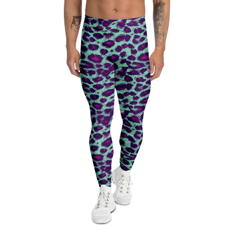 Major Savings Purple And Blue Neon Leopard Print Men's Leggings