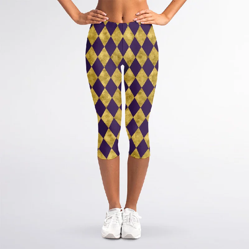 Year-End Clearance Purple And Gold Harlequin Pattern Print Women's Capri Leggings