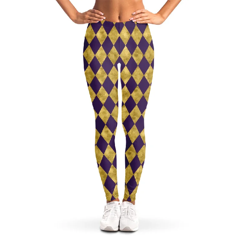Price Blitz Purple And Gold Harlequin Pattern Print Women's Leggings