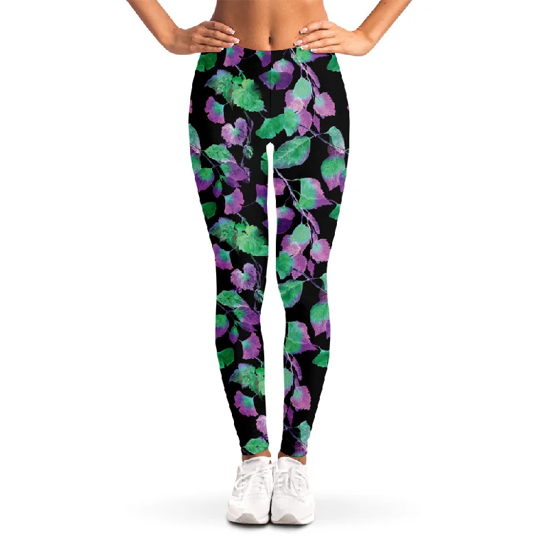 Special Buy Purple And Green Leaf Pattern Print Women's Leggings