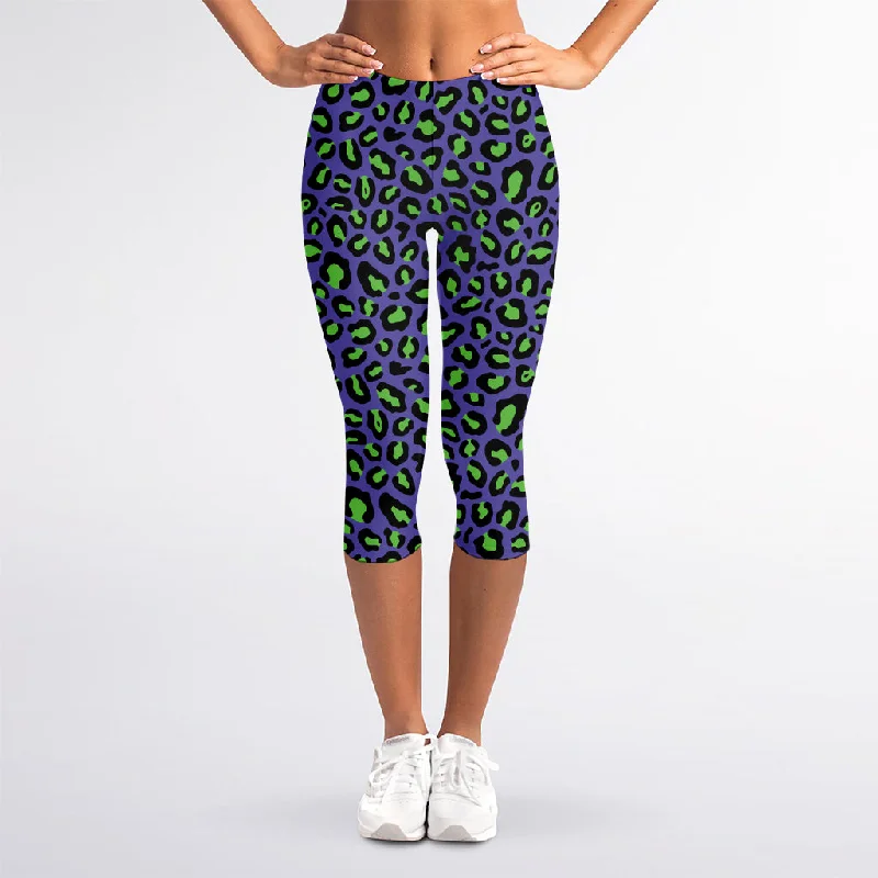 Today’s Deal Purple And Green Leopard Pattern Print Women's Capri Leggings