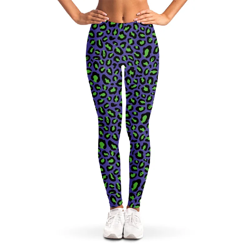 Seasonal Clearance Purple And Green Leopard Pattern Print Women's Leggings