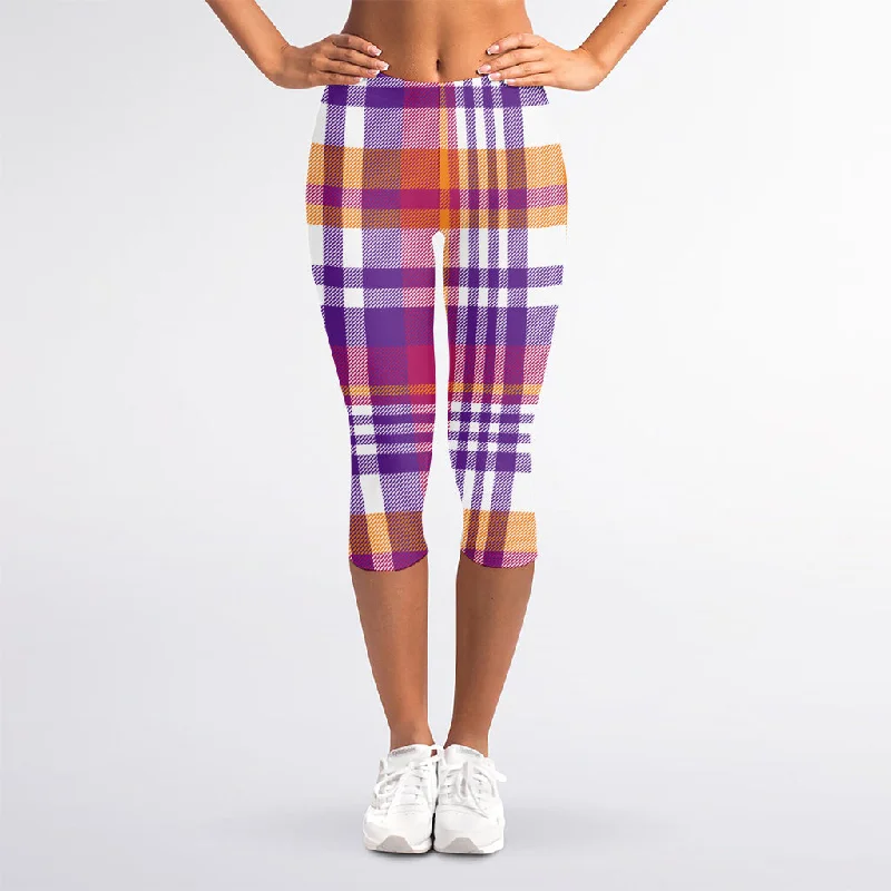 Take Advantage Purple And Orange Madras Plaid Print Women's Capri Leggings