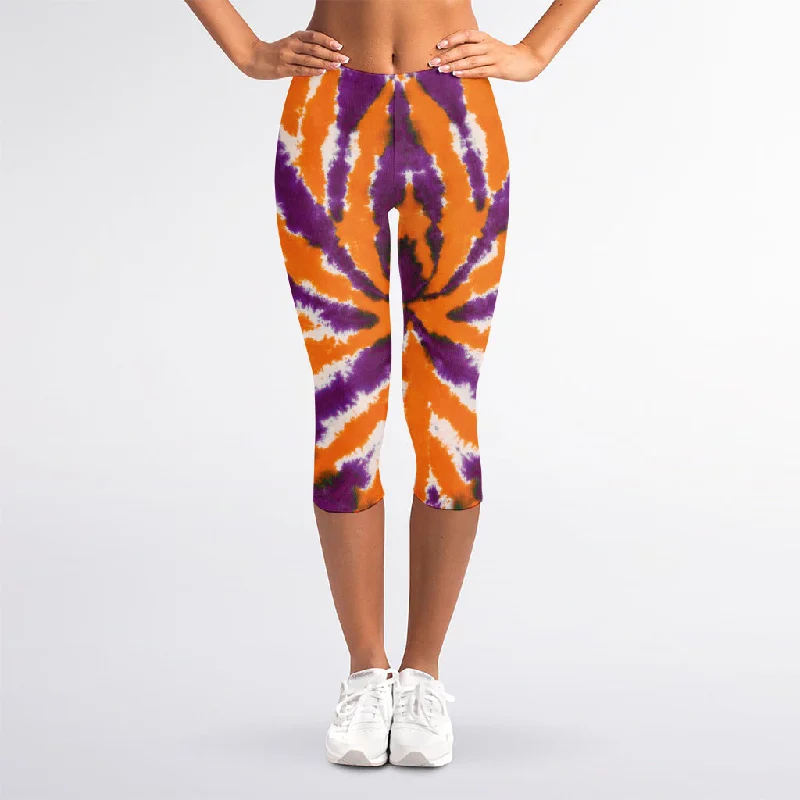 Savings Galore Purple And Orange Spider Tie Dye Print Women's Capri Leggings