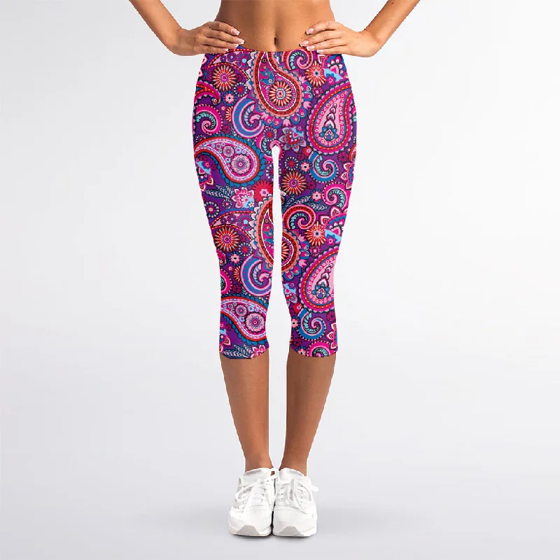 Reduced Prices Purple And Pink Paisley Pattern Print Women's Capri Leggings