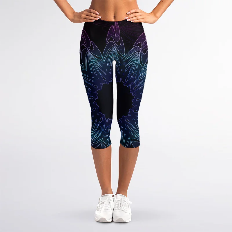 Markdowns Purple And Teal Dark Mandala Print Women's Capri Leggings