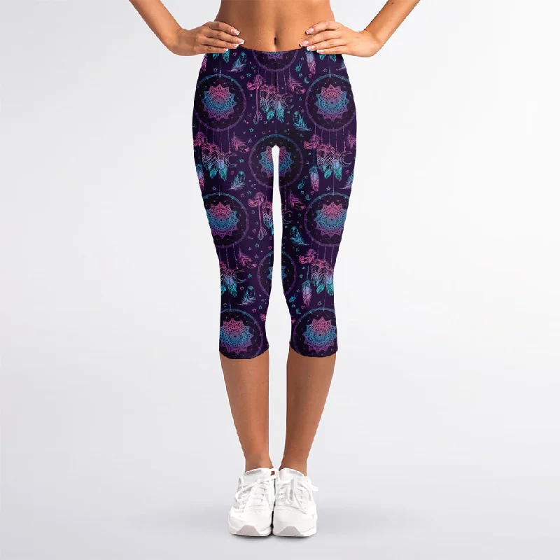 Price Reduction Purple And Teal Dream Catcher Print Women's Capri Leggings