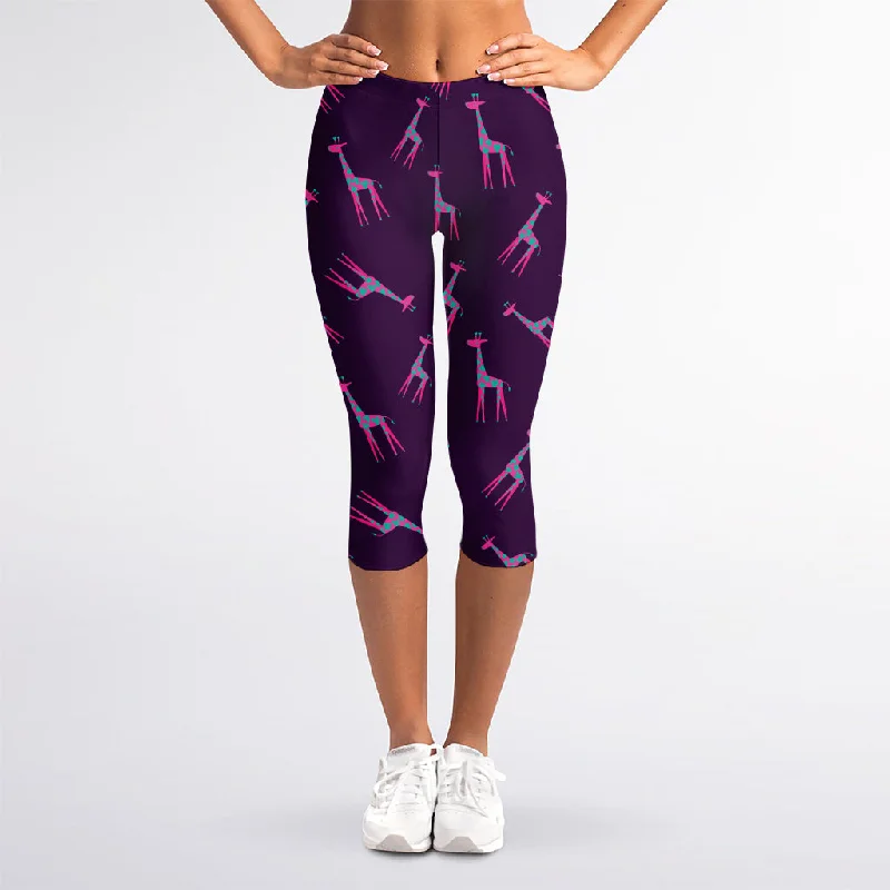 Price Cut Purple And Teal Giraffe Pattern Print Women's Capri Leggings