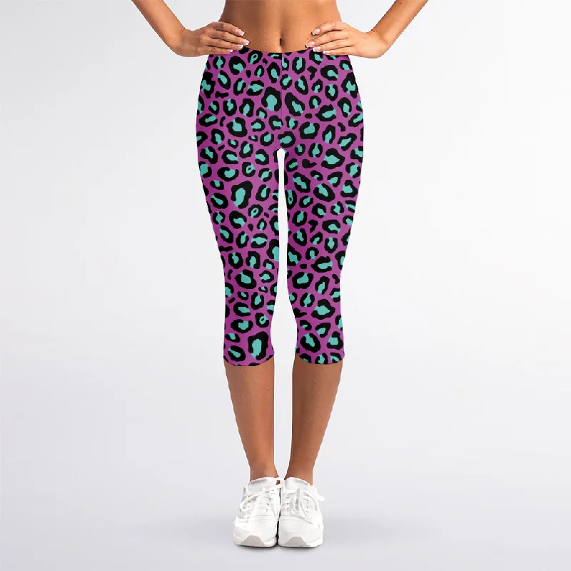 Midnight Madness Purple And Teal Leopard Pattern Print Women's Capri Leggings