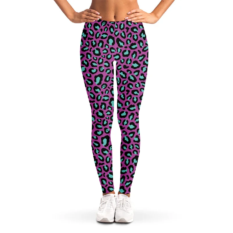Act Now Purple And Teal Leopard Pattern Print Women's Leggings