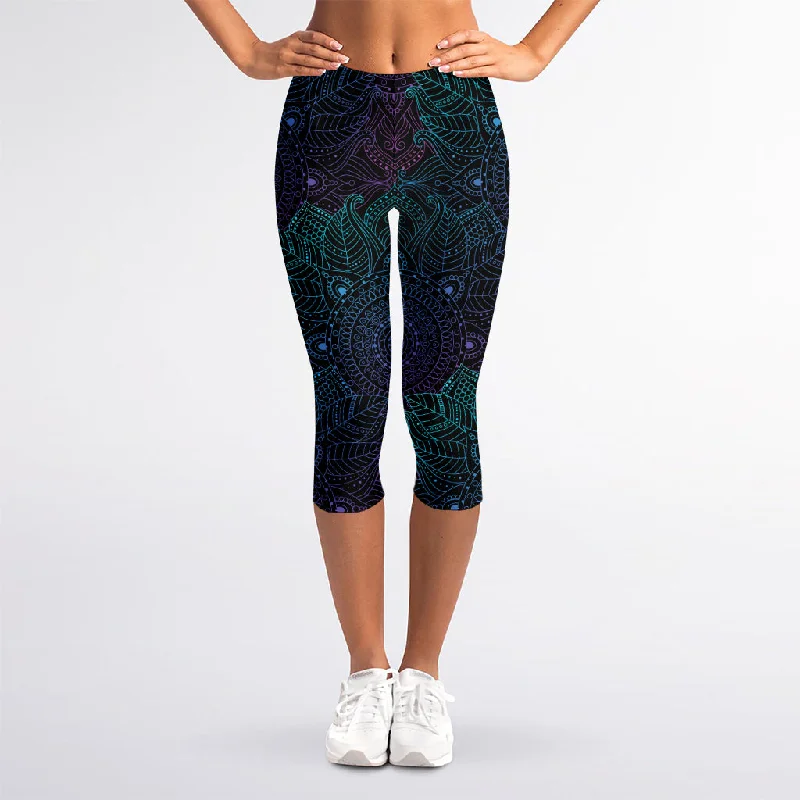 Deep Discounts Purple And Teal Mandala Print Women's Capri Leggings