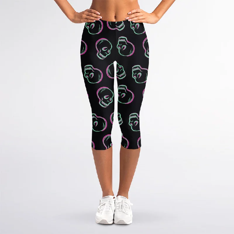 Final Markdown Purple And Teal Skull Pattern Print Women's Capri Leggings