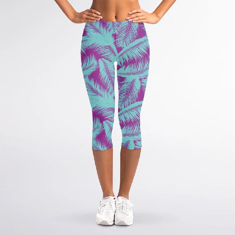 Fantastic Offers Purple And Teal Tropical Leaf Print Women's Capri Leggings