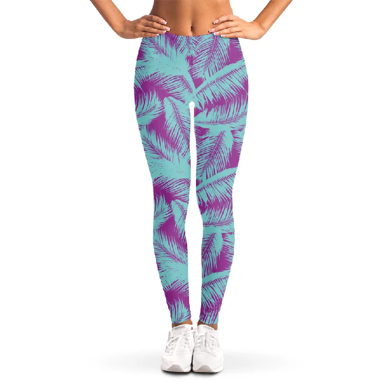 Super Sale Purple And Teal Tropical Leaf Print Women's Leggings