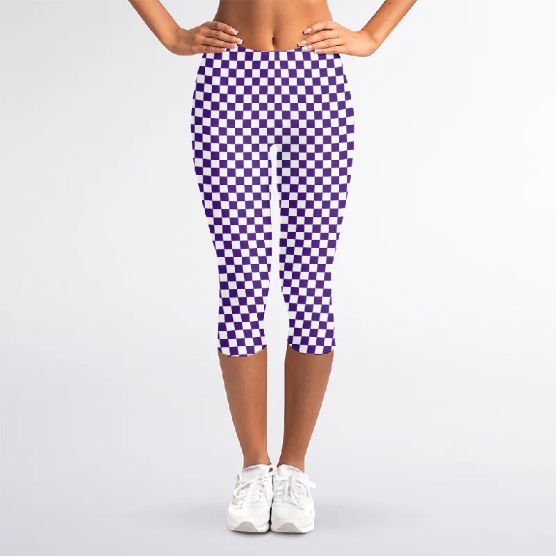 Don't Wait Purple And White Checkered Pattern Print Women's Capri Leggings