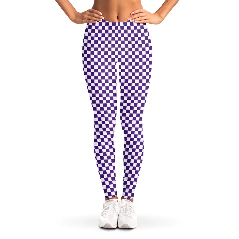 Weekend Deal Purple And White Checkered Pattern Print Women's Leggings