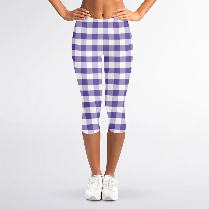 Online Specials Purple And White Gingham Pattern Print Women's Capri Leggings