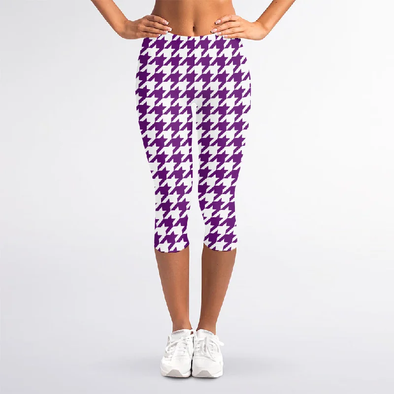 Crazy Deals Purple And White Houndstooth Print Women's Capri Leggings