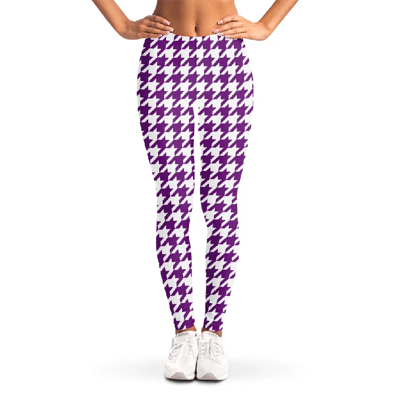 Super Bargain Purple And White Houndstooth Print Women's Leggings