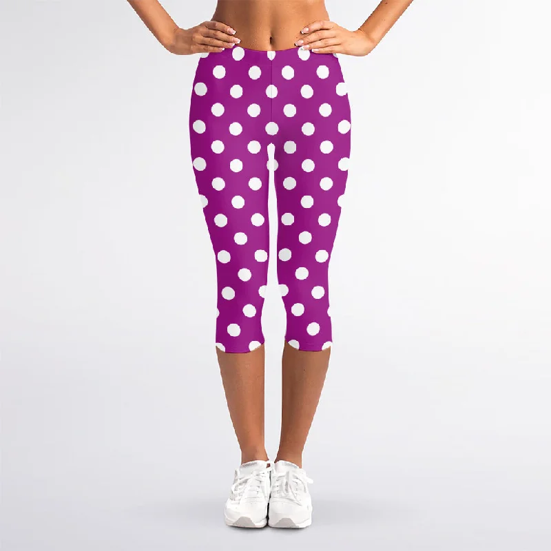 Bargain Prices Purple And White Polka Dot Pattern Print Women's Capri Leggings