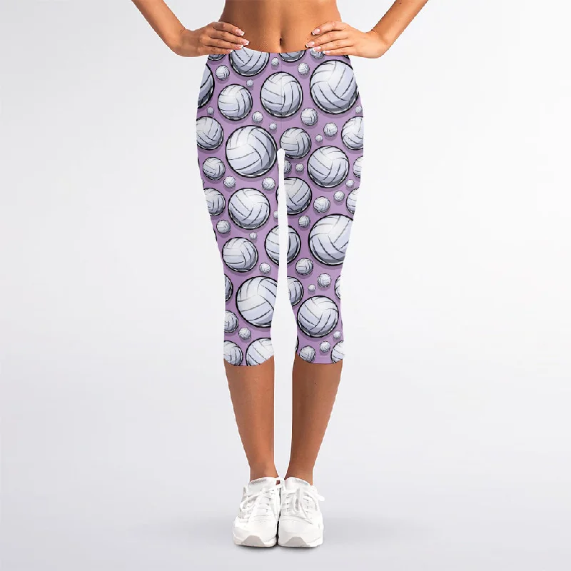 Act Fast Purple And White Volleyball Print Women's Capri Leggings