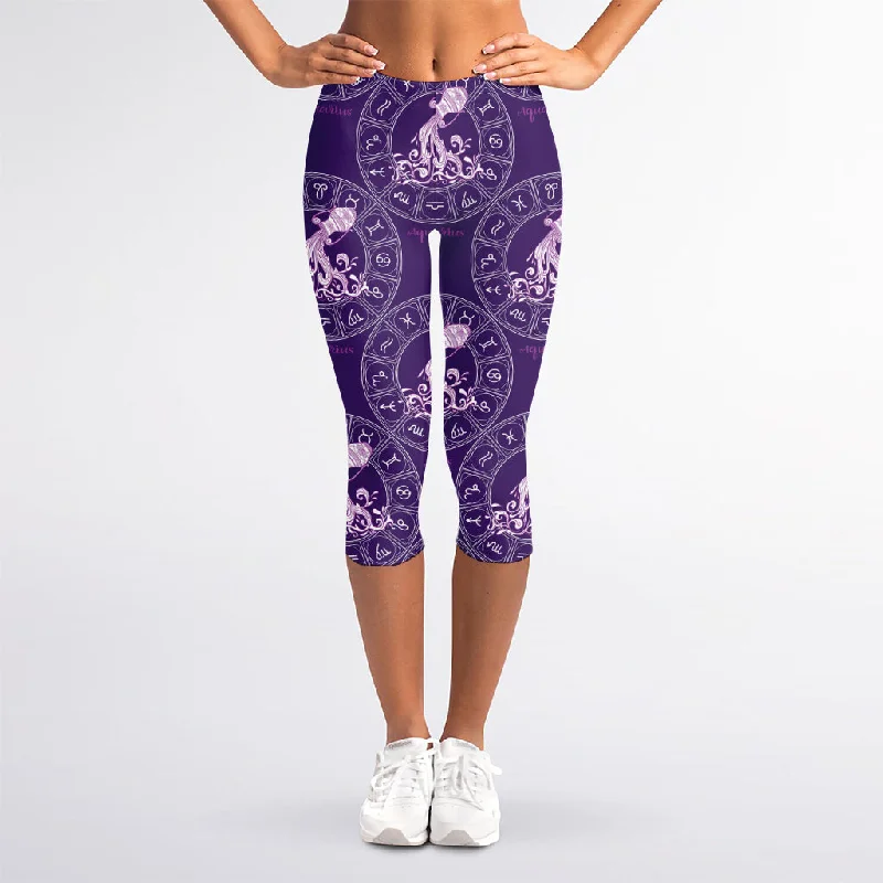Mega Sale Purple Aquarius Zodiac Pattern Print Women's Capri Leggings
