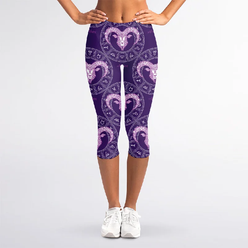 Extra Discounts Purple Aries Zodiac Pattern Print Women's Capri Leggings