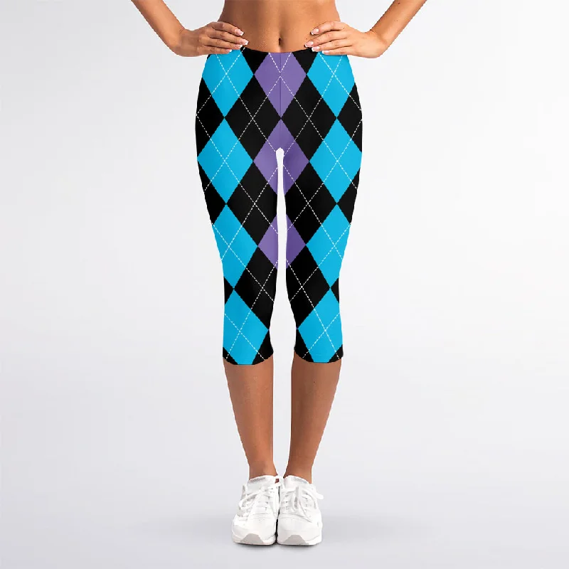 Unbeatable Prices Purple Black And Blue Argyle Print Women's Capri Leggings