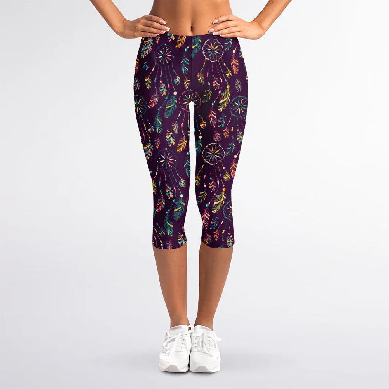 Final Sale Purple Bohemian Dream Catcher Print Women's Capri Leggings