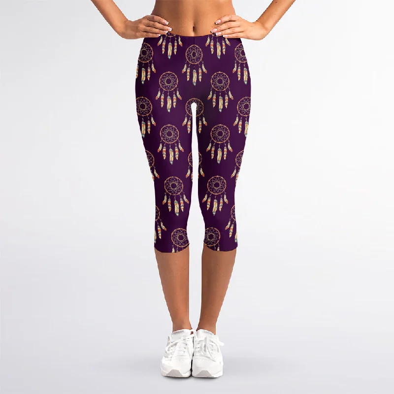 Value Deals Purple Boho Dream Catcher Pattern Print Women's Capri Leggings