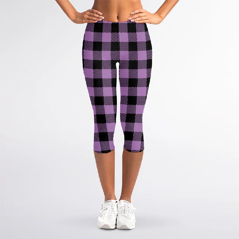 Can't Be Beat Purple Buffalo Plaid Print Women's Capri Leggings