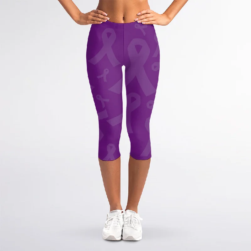 Best Deals Purple Cancer Awareness Ribbon Print Women's Capri Leggings