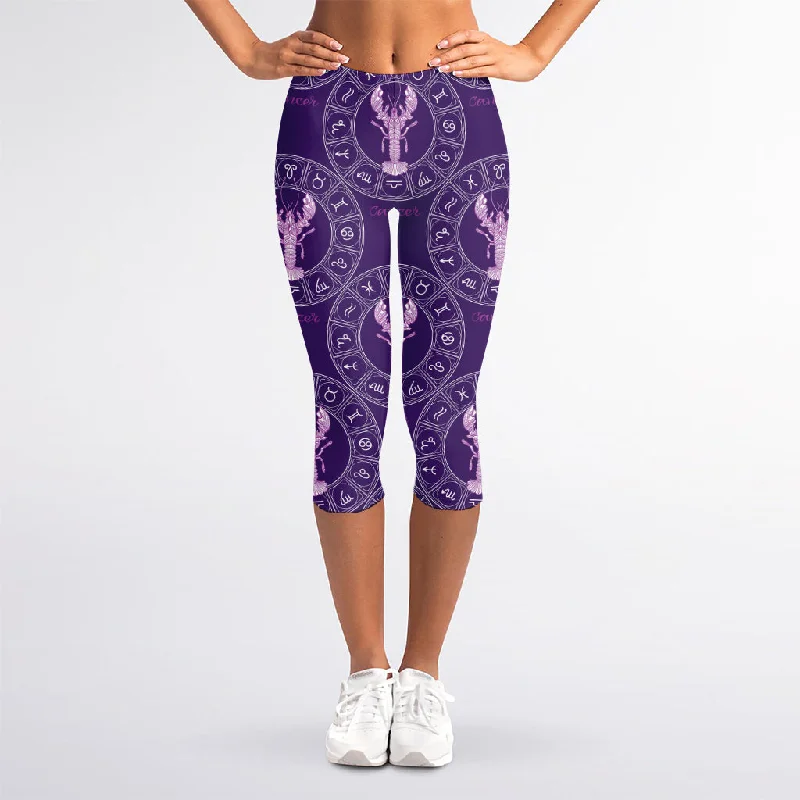 YEAR-End Sale Purple Cancer Zodiac Pattern Print Women's Capri Leggings