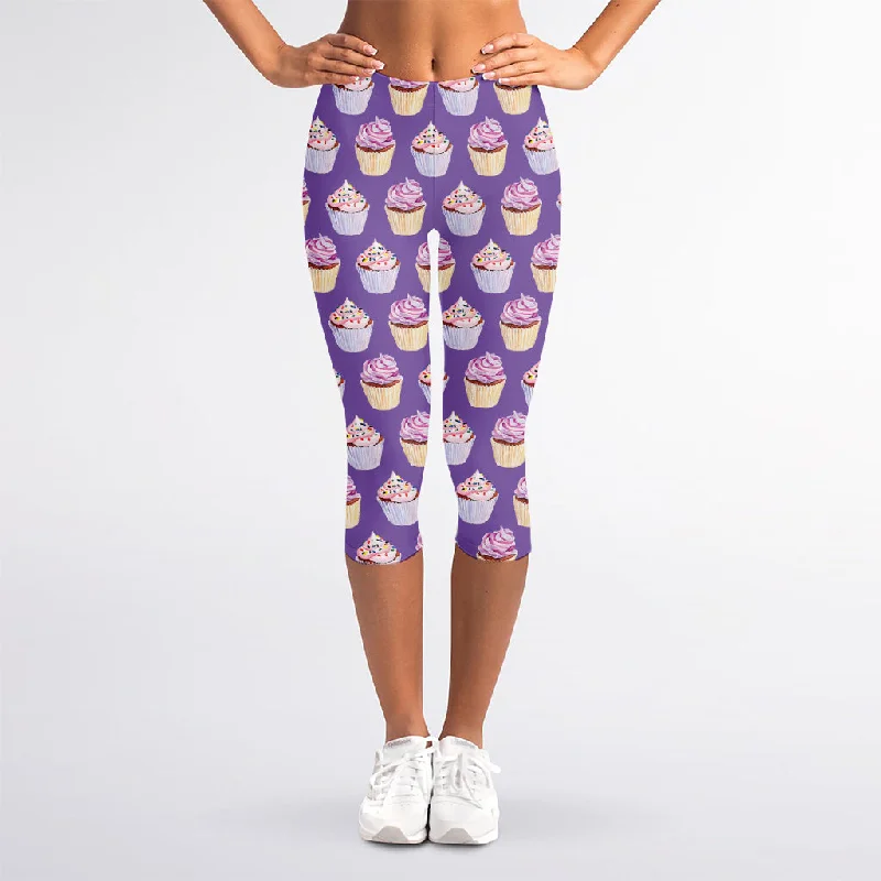 Special Discount Purple Cupcake Pattern Print Women's Capri Leggings