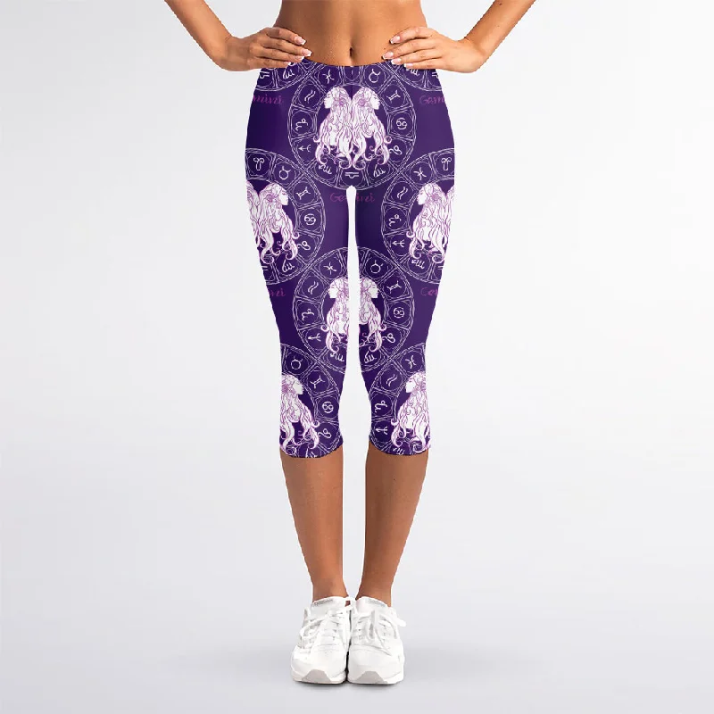 New Deals Purple Gemini Zodiac Pattern Print Women's Capri Leggings