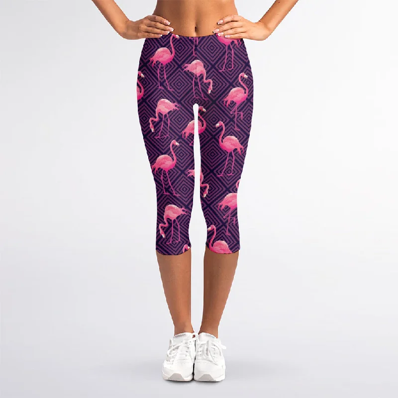 Massive Deals Purple Geometric Flamingo Pattern Print Women's Capri Leggings