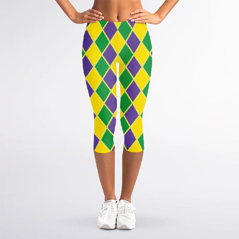 Huge Discounts Purple Green And Yellow Mardi Gras Print Women's Capri Leggings