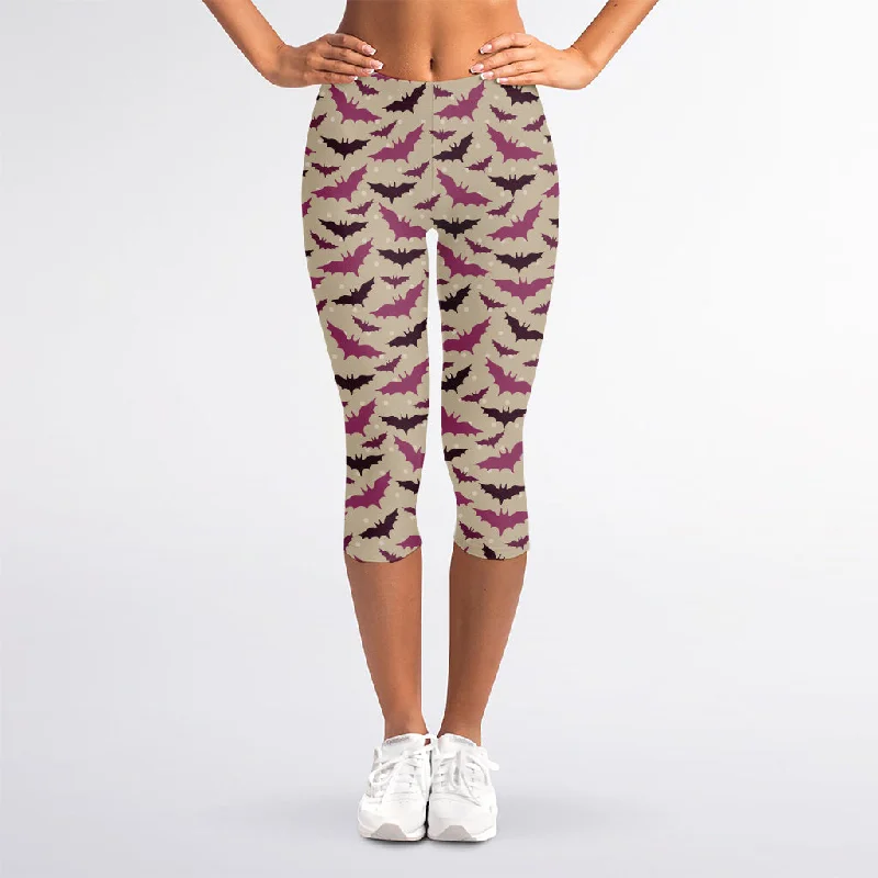 Fantastic Offers Purple Halloween Bat Pattern Print Women's Capri Leggings