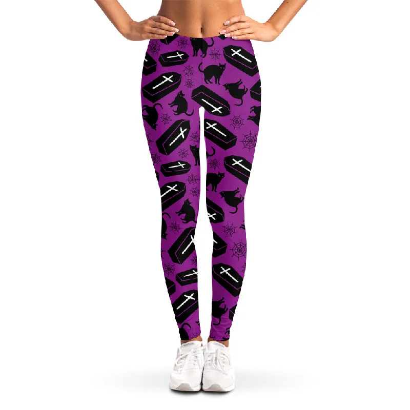 Take Advantage Purple Halloween Coffin Pattern Print Women's Leggings