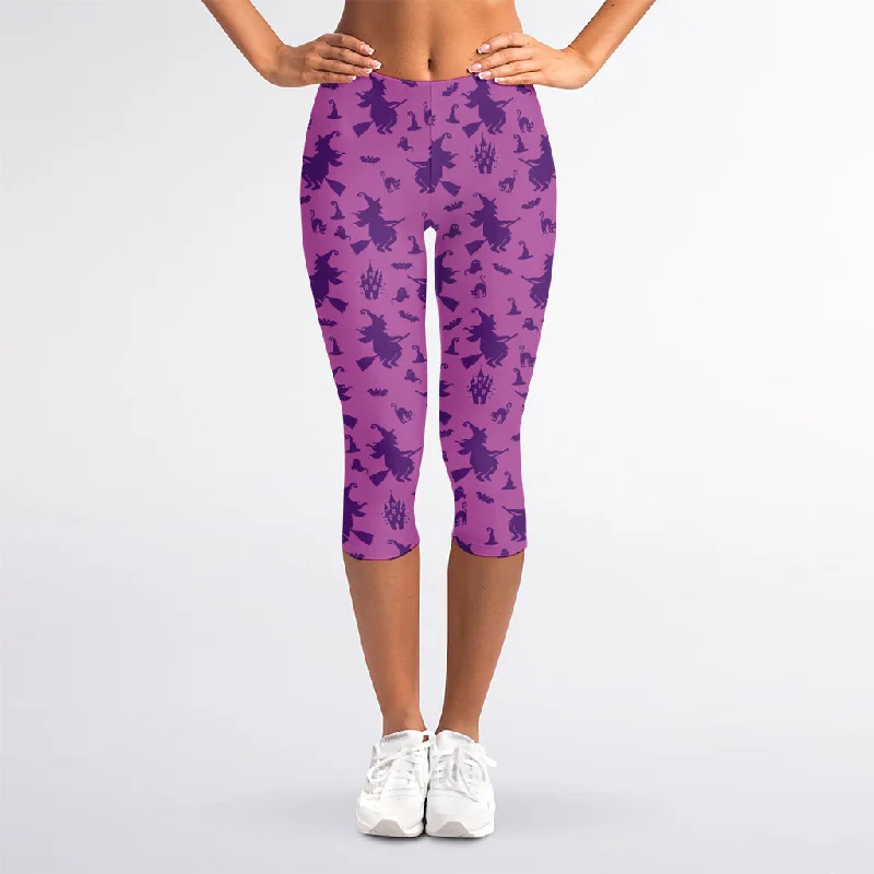 Don't Wait Purple Halloween Witch Pattern Print Women's Capri Leggings