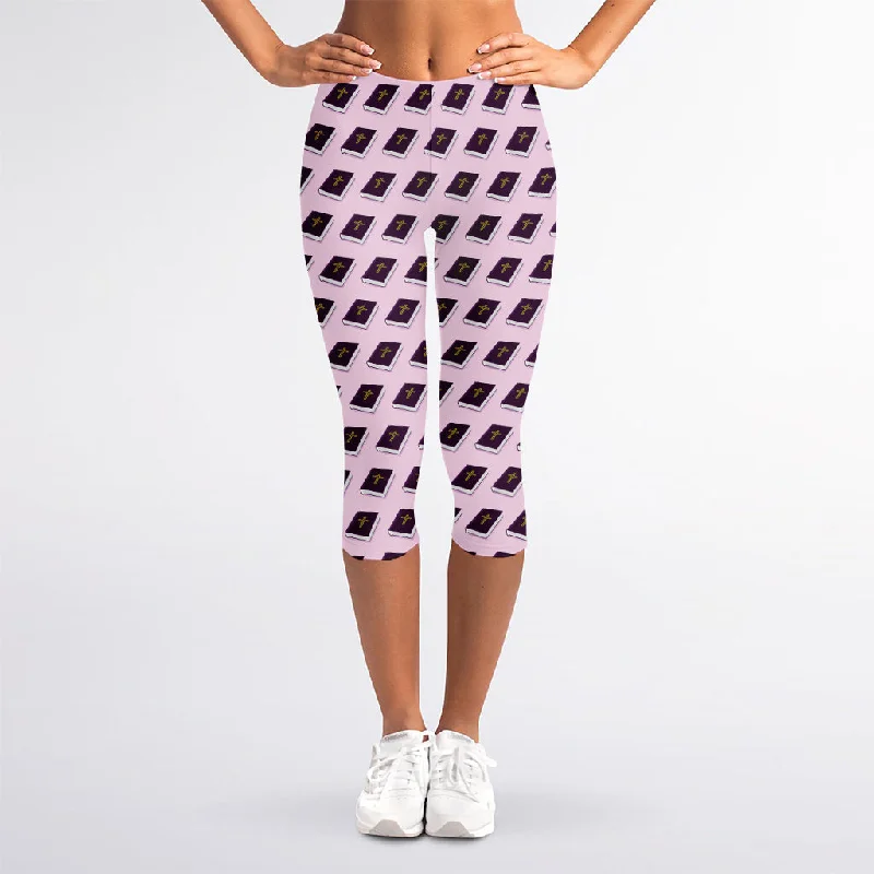 Price Drop Alert Purple Holy Bible Pattern Print Women's Capri Leggings