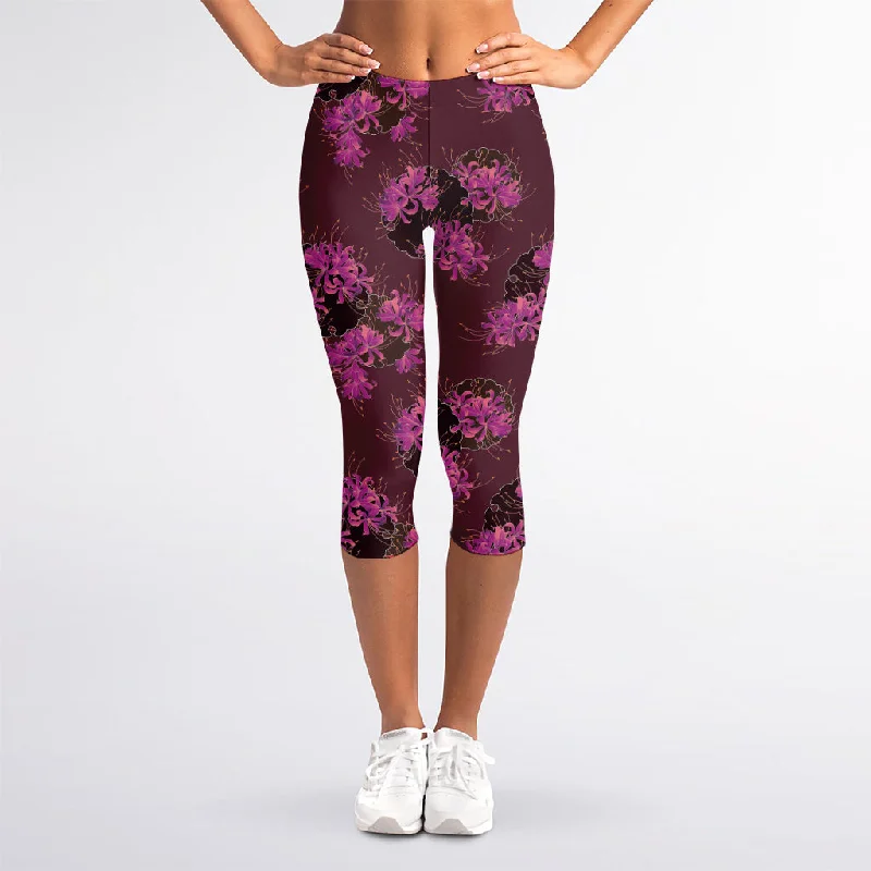 Limited Time Discount Purple Japanese Amaryllis Pattern Print Women's Capri Leggings