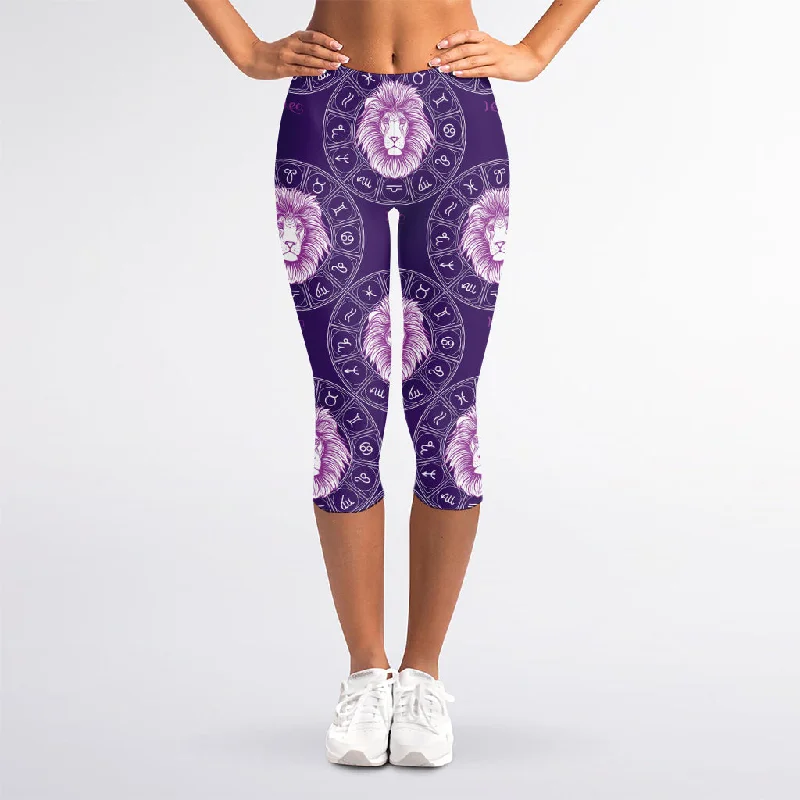Sneak Peek Sale Purple Leo Zodiac Pattern Print Women's Capri Leggings